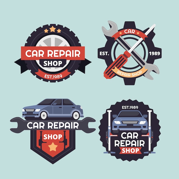 Free Vector flat car repair shop services labels collection