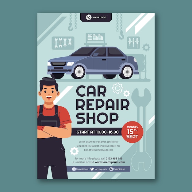 Flat car repair shop services vertical poster template