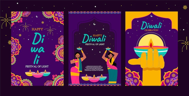 Free Vector flat cards collection for diwali celebration