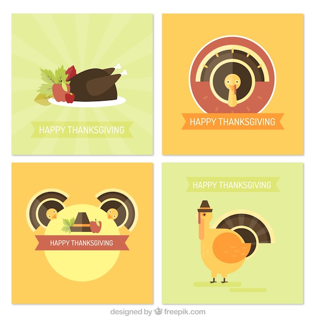 Free vector flat cards with a turkey for thanksgiving day