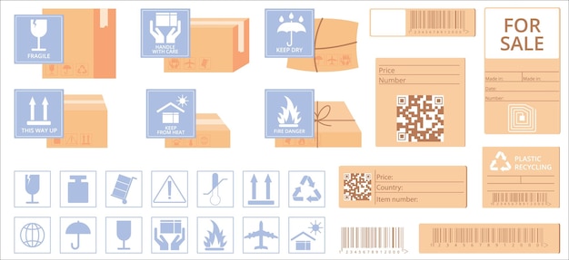 Free vector flat cargo stickers set with rfid qr bar codes and cardboard boxes isolated on white background vector illustration