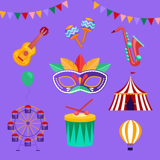 Flat carnival party elements collection