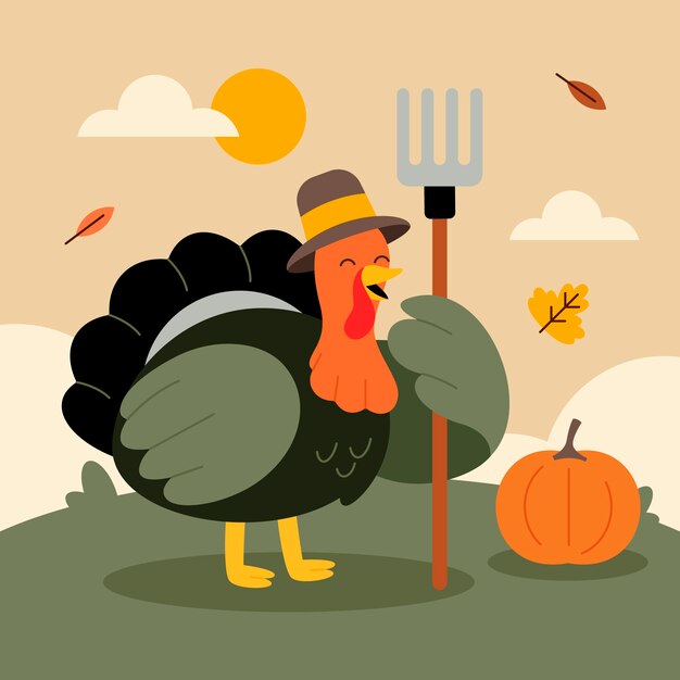 Flat cartoon character illustration for thanksgiving celebration with turkey