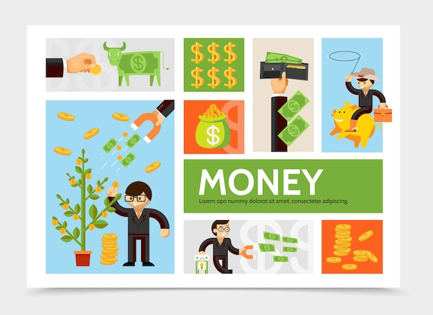 Flat cash and currency infographic template with money tree coins businessman dollar cow wallet financial magnet