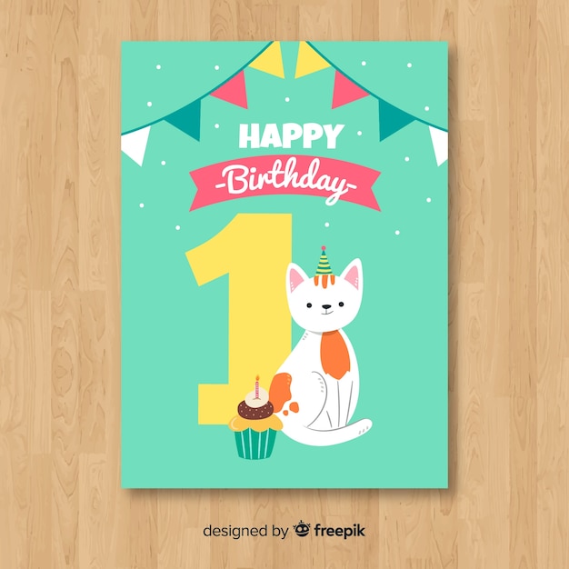 Flat cat first birthday card template