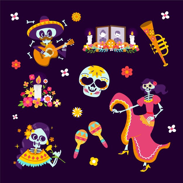 Flat character elements collection dia de muertos celebration