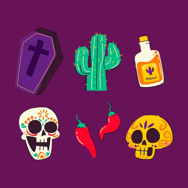 Free Vector flat character elements collection dia de muertos celebration