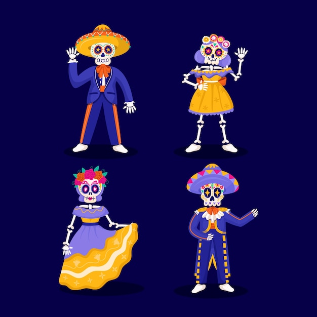 Flat character illustrations collection for dia de muertos celebration