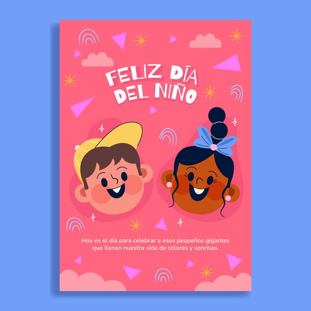 Flat children's day celebration greeting card template in spanish