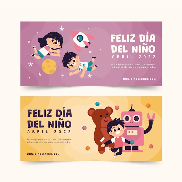 Flat children's day horizontal banners set in spanish