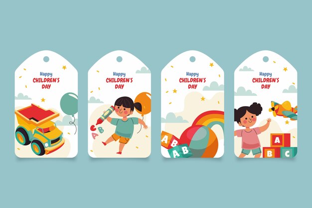 Flat childrens day labels collection