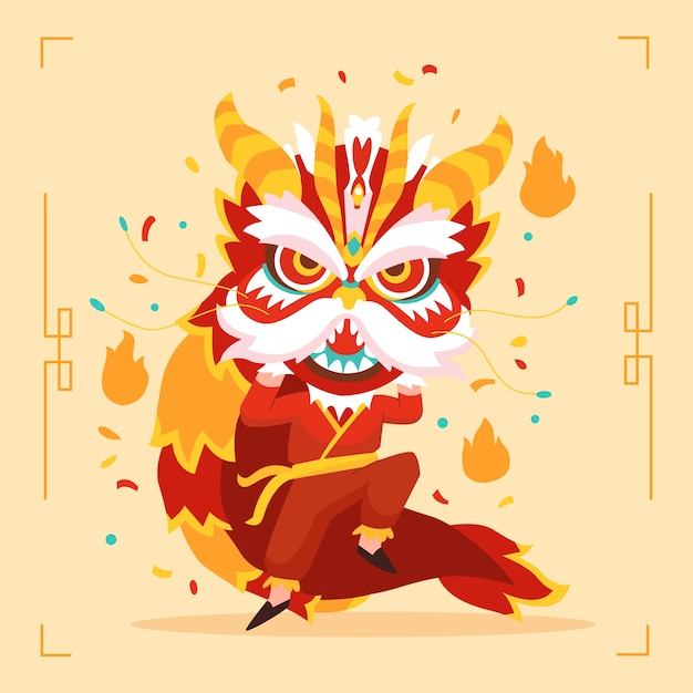 Flat chinese new year lion dance illustration