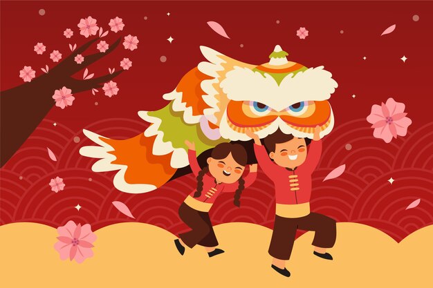 Flat chinese new year lion dance illustration