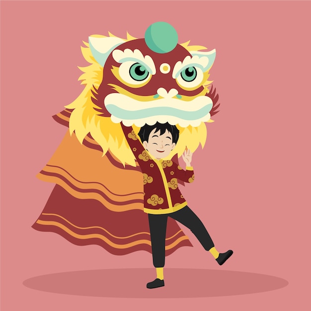 Flat chinese new year lion dance illustration