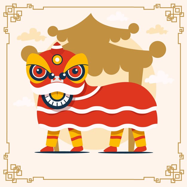 Flat chinese new year lion dance illustration