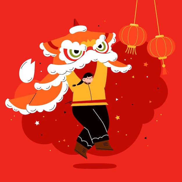 Flat chinese new year lion dance illustration