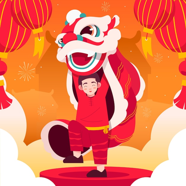 Flat chinese new year lion dance illustration