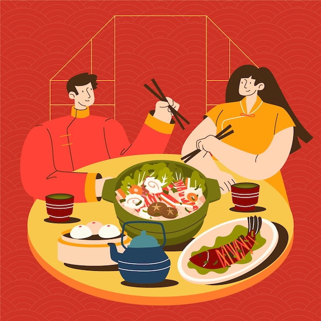 Flat chinese new year reunion dinner illustration