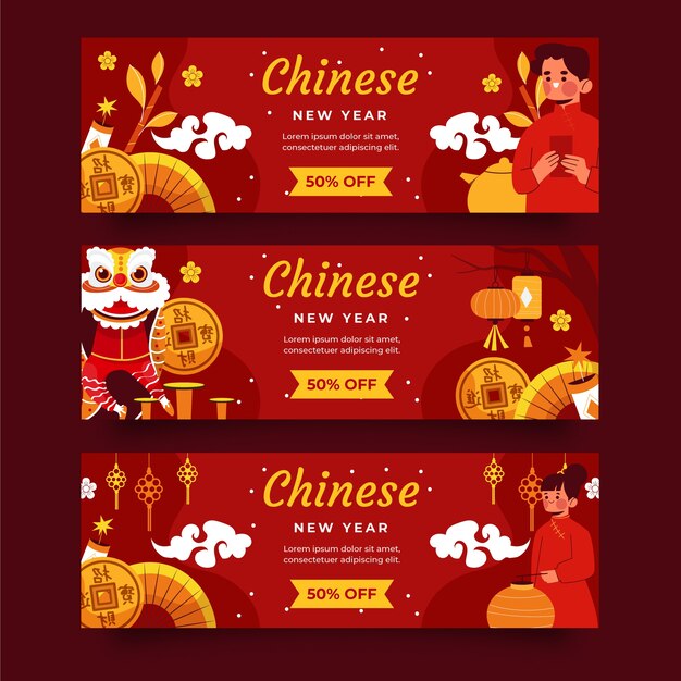 Flat chinese new year sale horizontal banners set