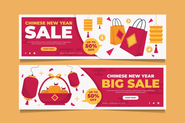 Flat chinese new year sale horizontal banners set