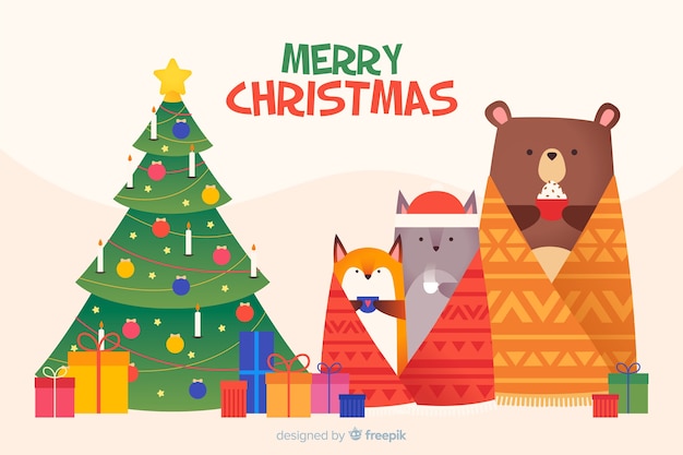 Flat christmas background with animals