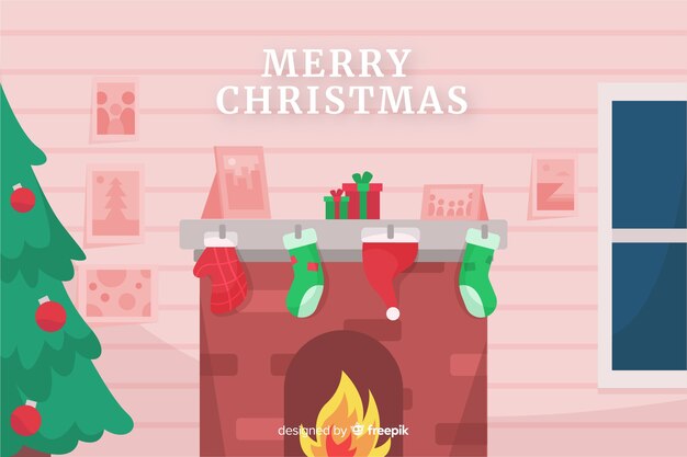 Flat christmas background with fire chimney