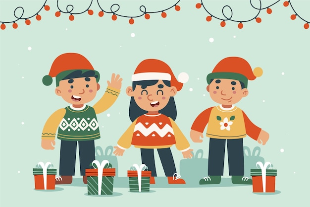 Free Vector flat christmas background with people and gifts