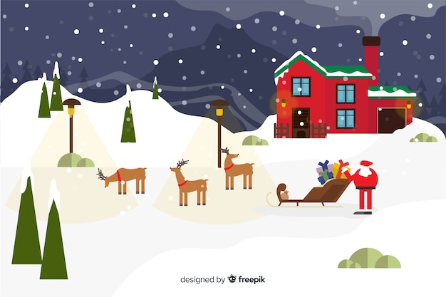 Free vector flat christmas background with santa claus and reindeers