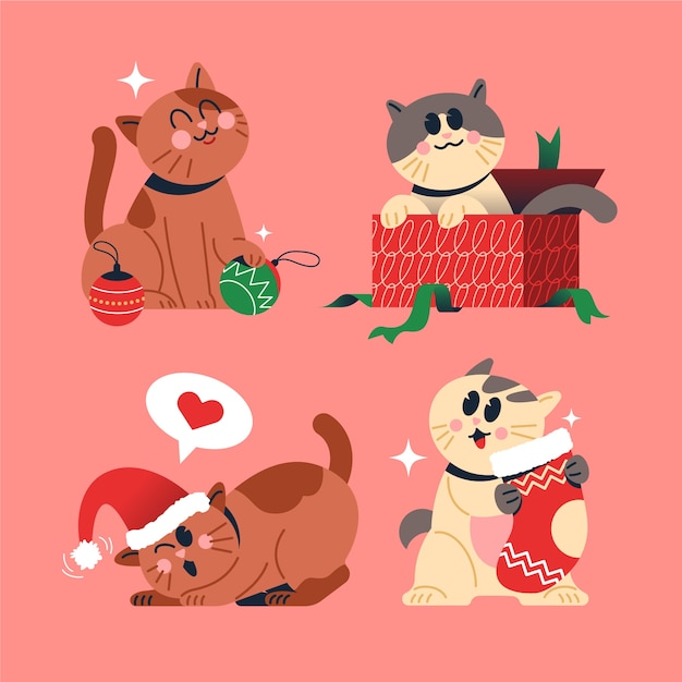 Free Vector flat christmas cat cartoon illustration set