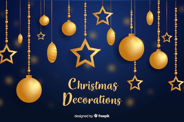 Flat christmas decoration with golden hanging christmas balls