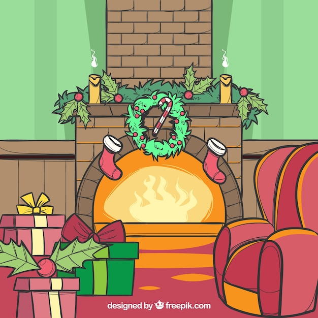 Free Vector flat christmas fireplace scene with presents