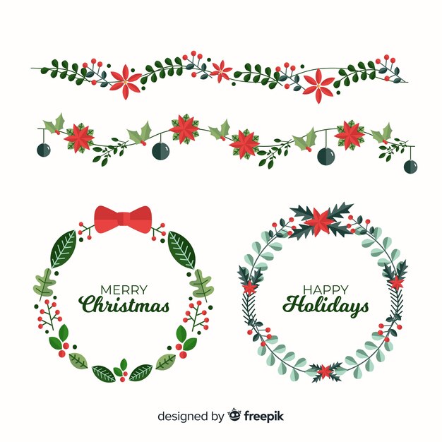 Flat christmas flower and wreath collection