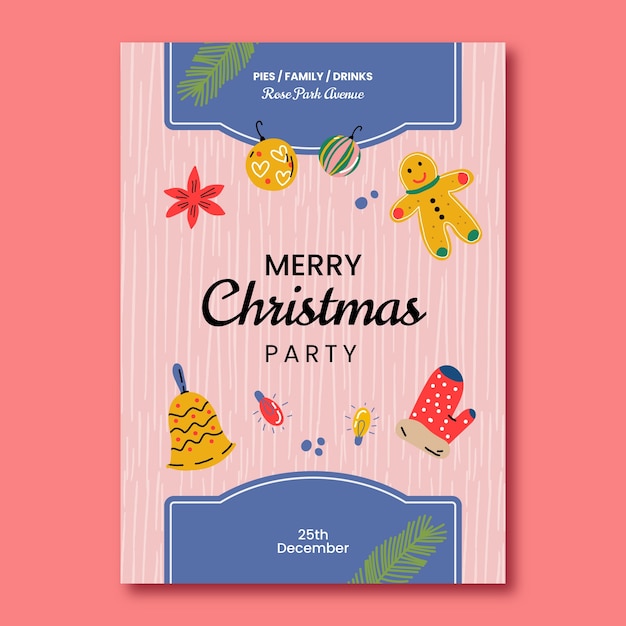 Flat christmas greeting card template with bell and mitten