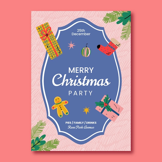 Flat christmas greeting card template with presents and gingerbread man