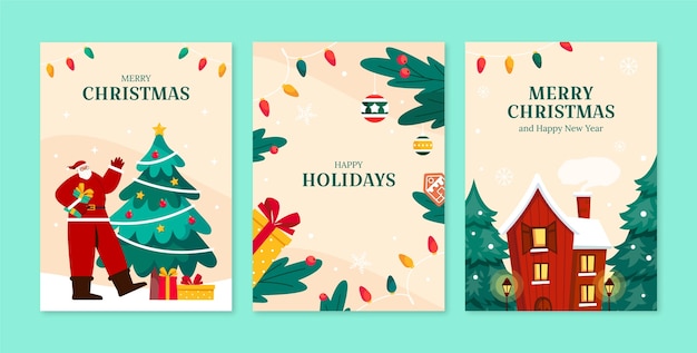 Flat christmas greeting cards collection with santa and tree