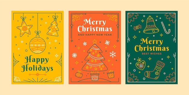 Flat christmas line art cards collection