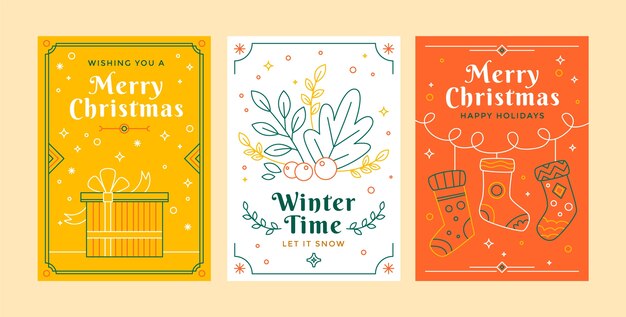 Flat christmas line art cards collection