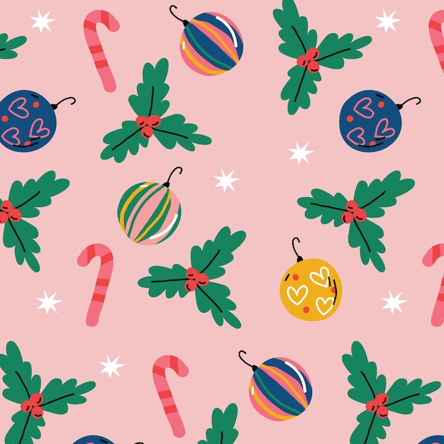 Flat christmas pattern design with globes and candy cane