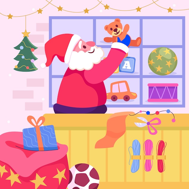 Flat christmas santa workshop illustration