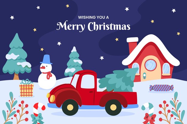 Flat christmas season background with tree in car