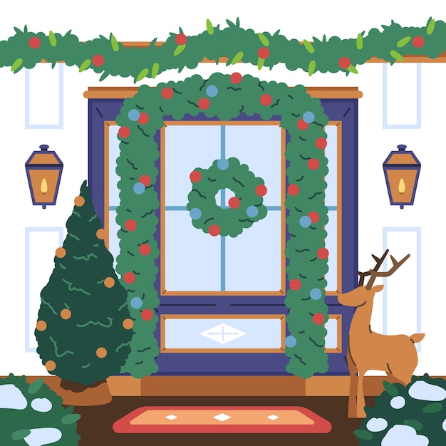 Flat christmas season house door illustration