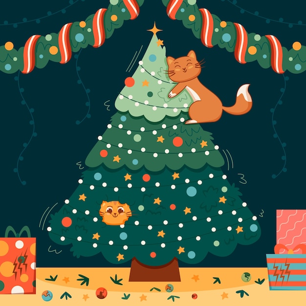 Free Vector flat christmas season illustration with cartoon cat