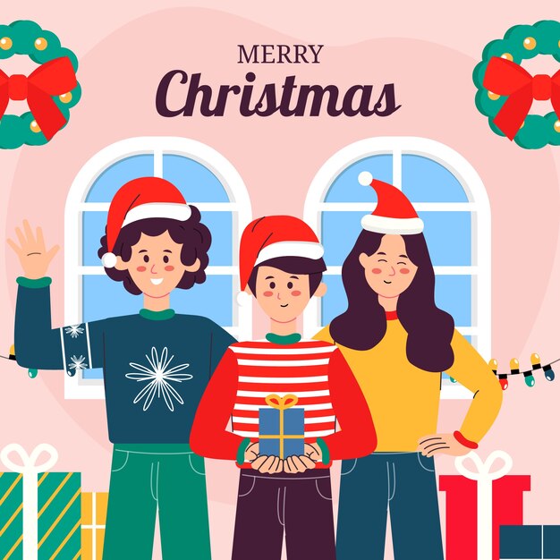 Flat christmas season illustration with people holding present