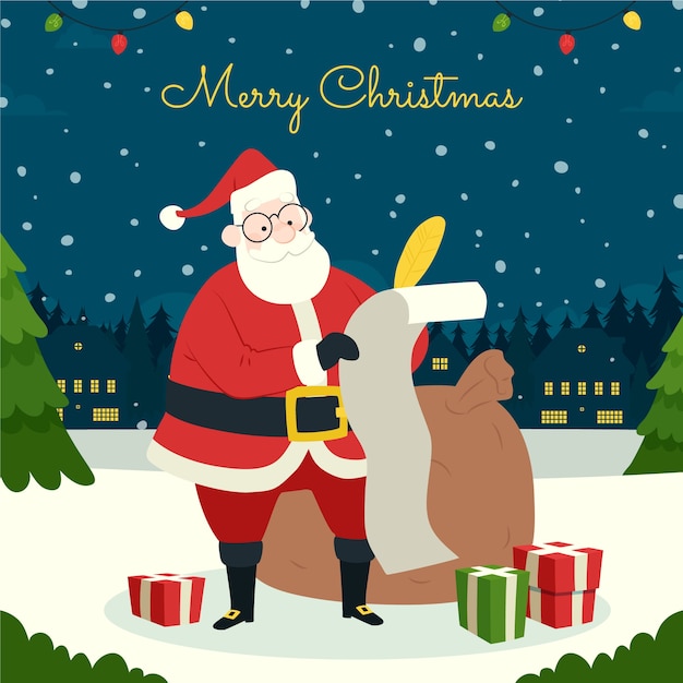 Flat christmas season illustration with santa checking list