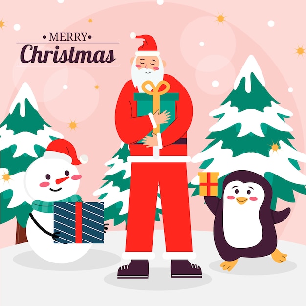 Flat christmas season illustration with santa next to penguin and snowman