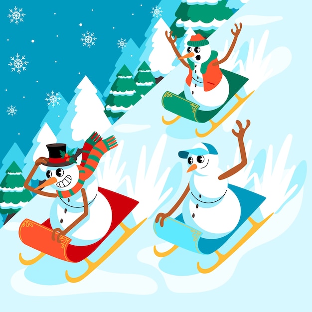 Flat christmas season illustration with snowmen on sleighs