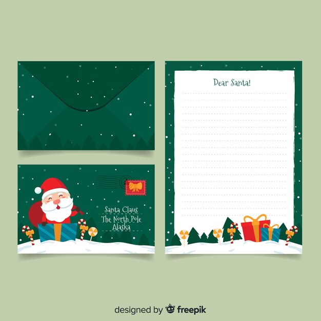 Flat christmas stationery template on green background