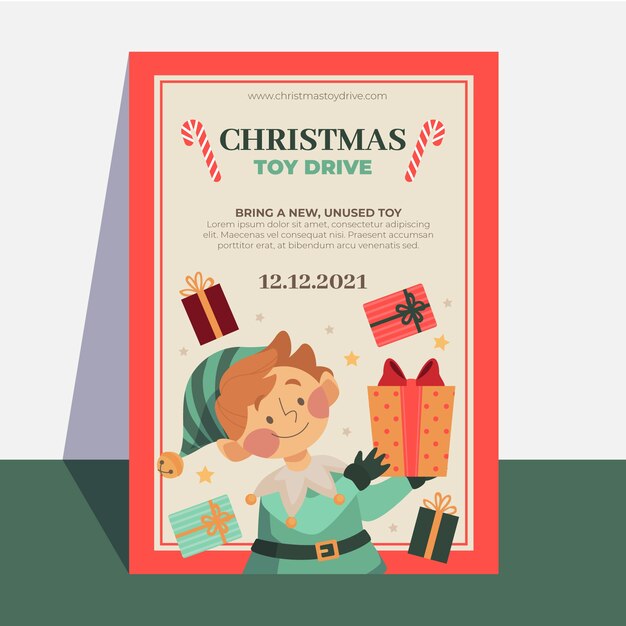 Flat christmas toy drive vertical poster template