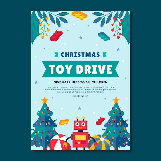 Flat christmas toy drive vertical poster template