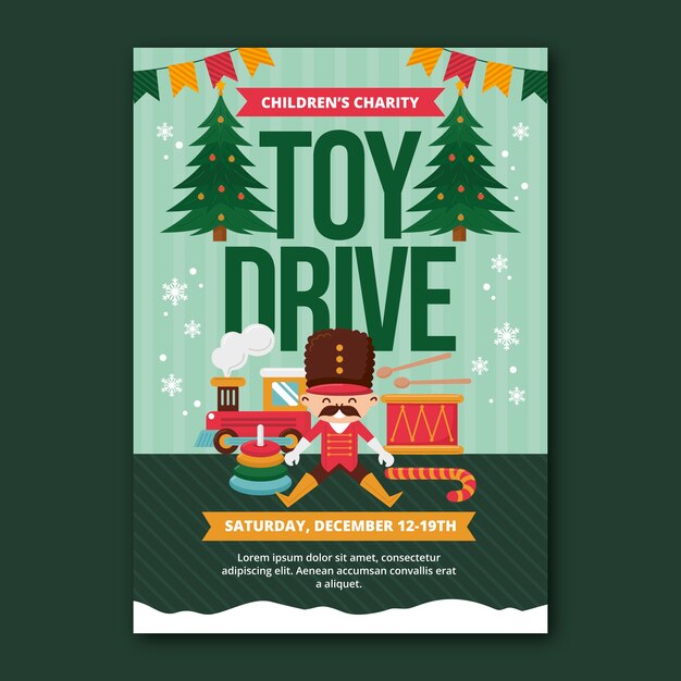 Flat christmas toy drive vertical poster template